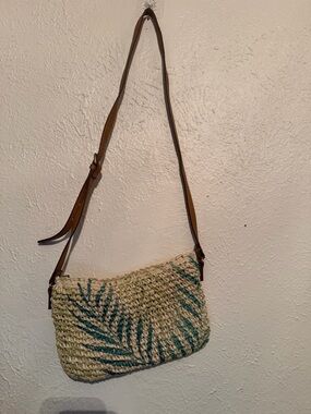 Woven Palm-Print Crossbody Bag - Tan Strap, Green Accent